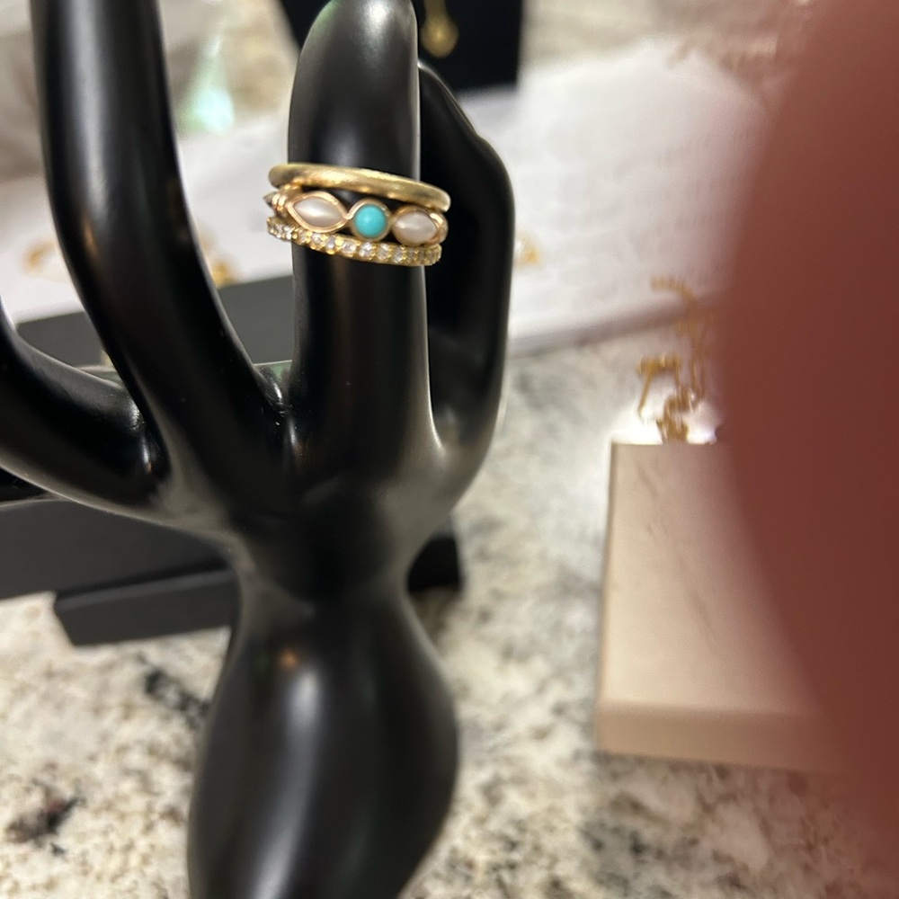 Gold Stackable Ring Set with Turquoise and Mother-of-Pearl Accents